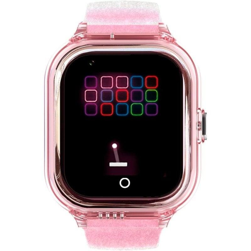 Un reloj inteligente rosa que muestra una cuadrícula colorida y un círculo.