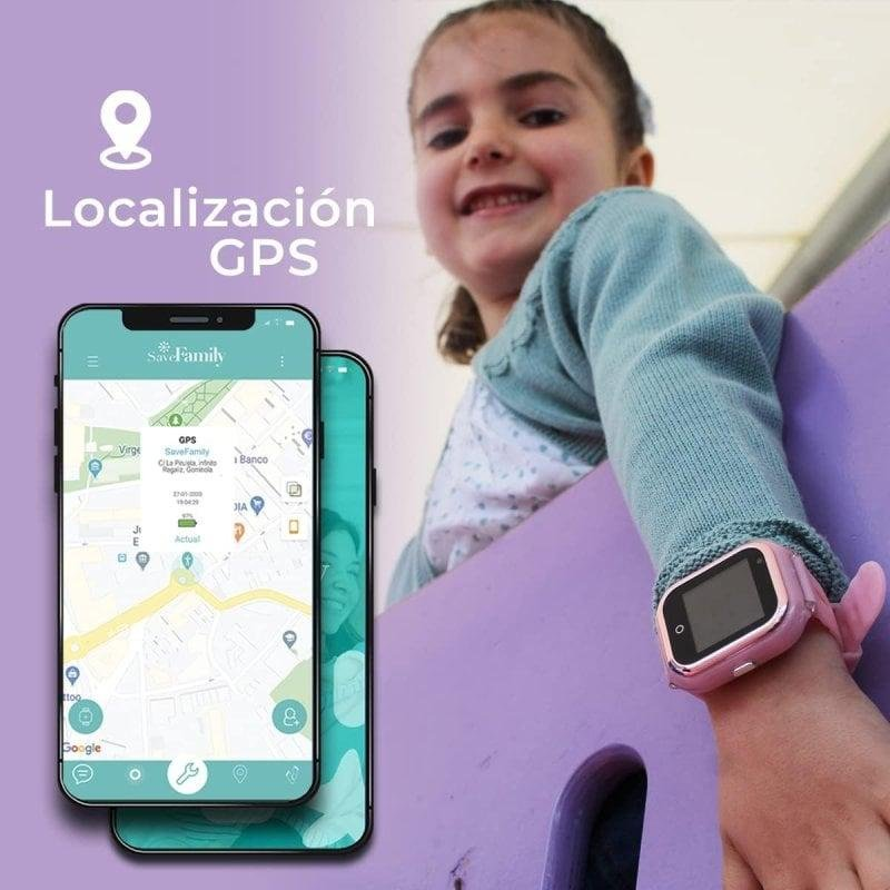 Una niña lleva un reloj GPS rosa. Un smartphone muestra un mapa.