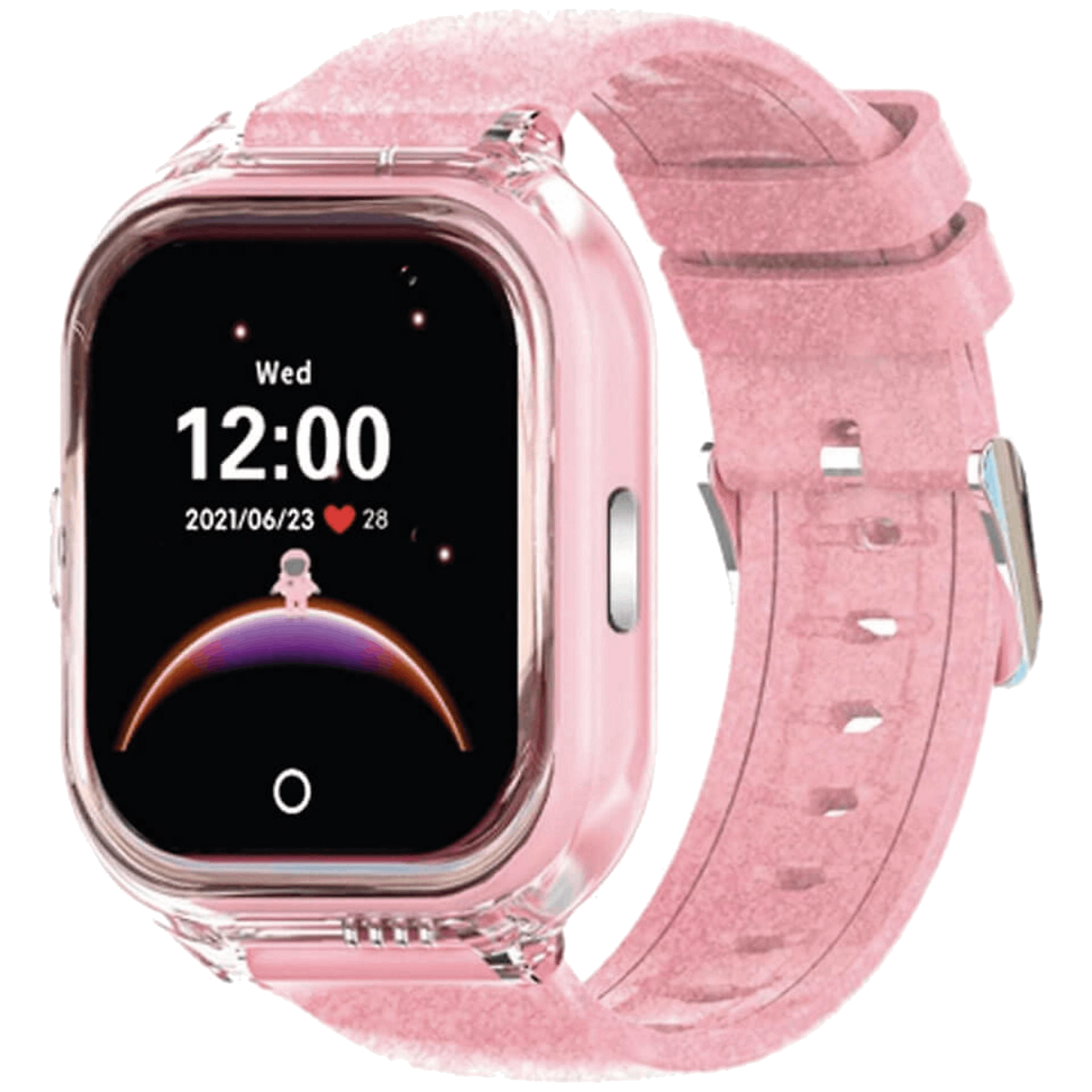 Un reloj inteligente rosa con carcasa transparente y pantalla digital.