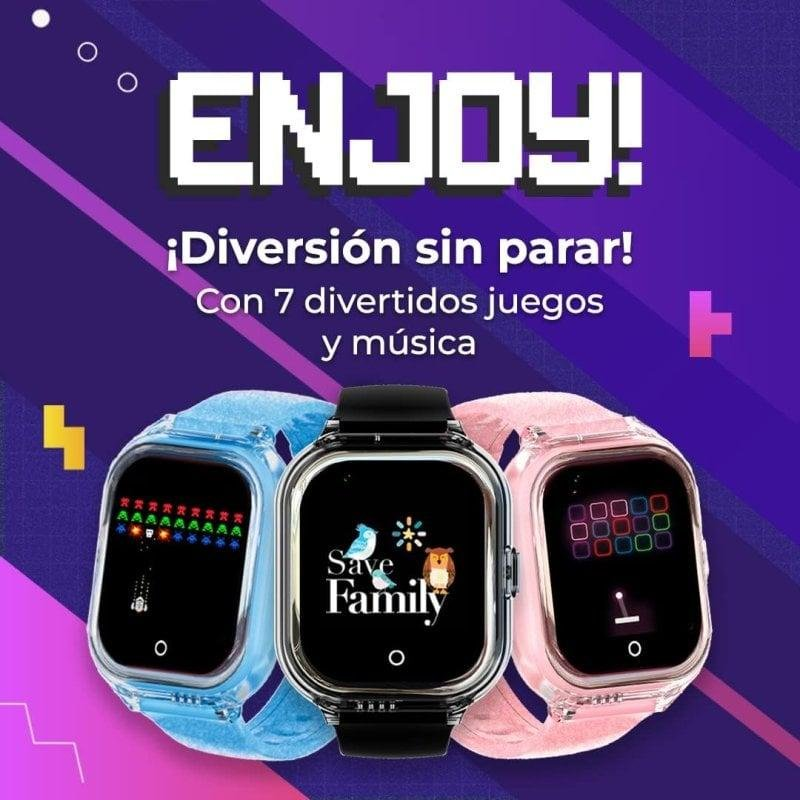 Tres relojes inteligentes en azul, negro y rosa muestran juegos y música.
