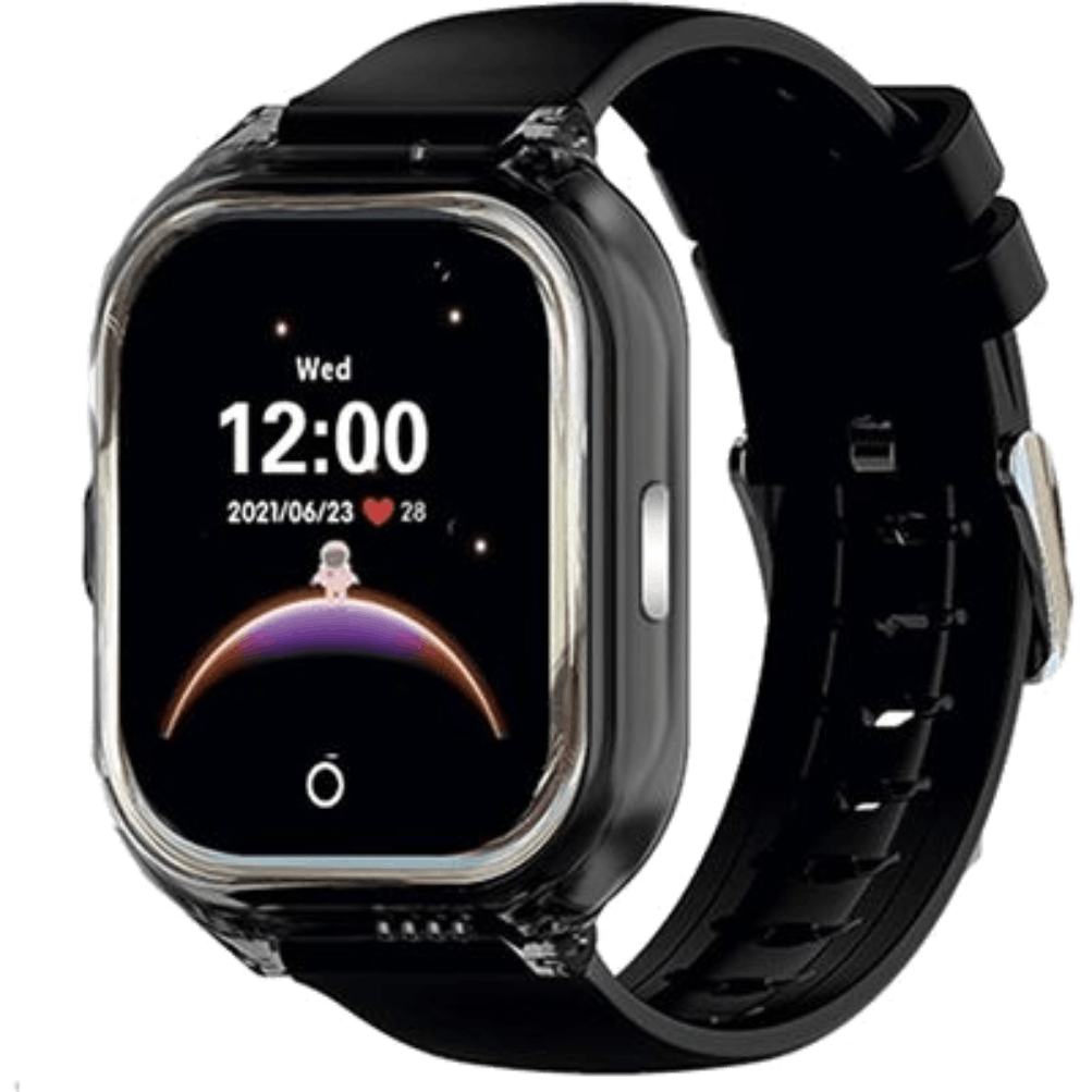 Un reloj inteligente negro con carcasa transparente, mostrando una esfera de astronauta.