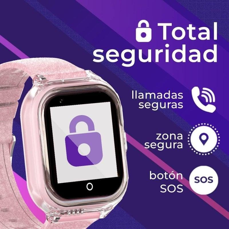 Un reloj inteligente rosa con un ícono de candado. Texto: "Total seguridad".