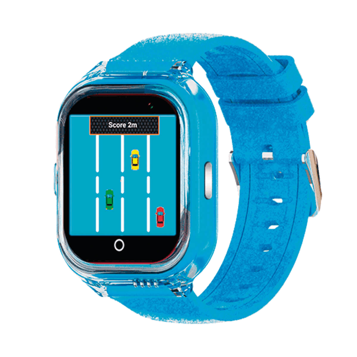 Reloj inteligente azul con juego de carreras de coches.