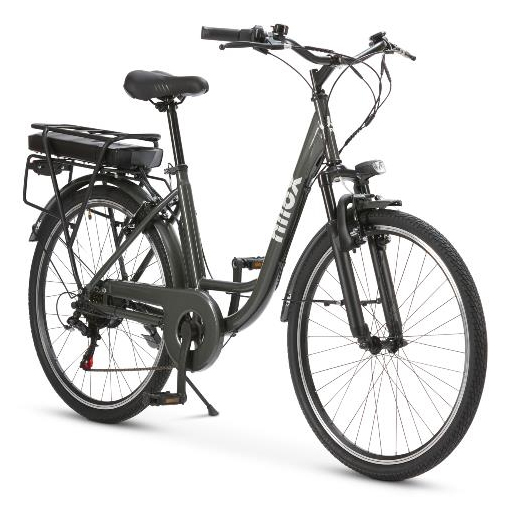 Una bicicleta eléctrica oscura con portaequipajes y batería.