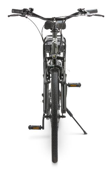 Una bicicleta oscura se muestra de frente, con manillar, rueda y pedales visibles.