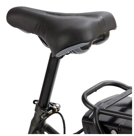 Asiento de bicicleta negro con suspensión y portaequipajes trasero.