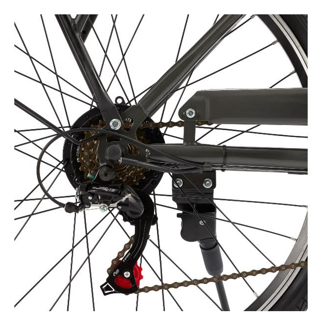 Primer plano del desviador trasero, cassette, cadena y radios de una bicicleta.