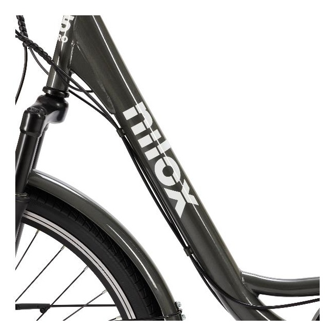 Una bicicleta gris con logo blanco "MitoX" en el cuadro y guardabarros.
