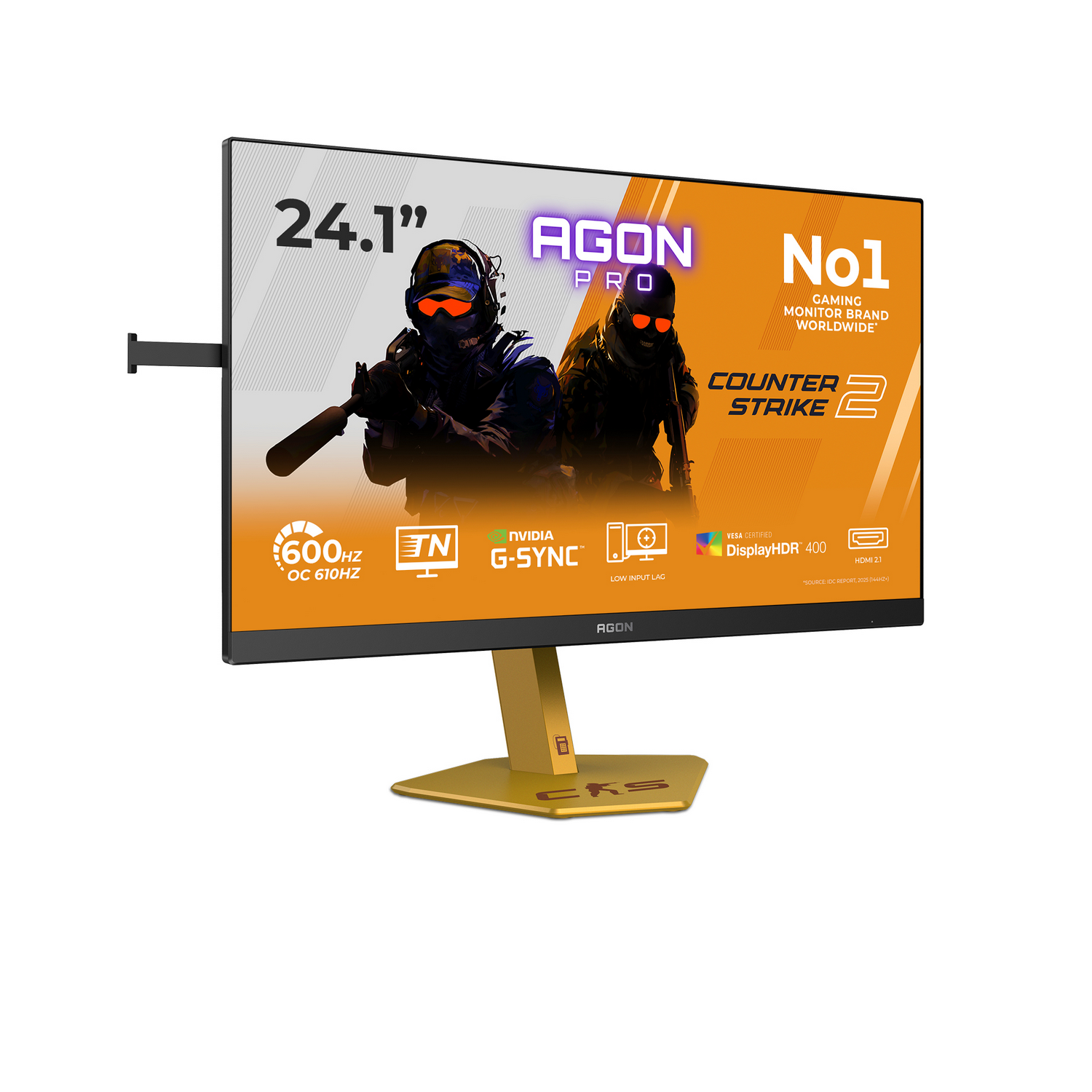 Un monitor gaming de 24,1 pulgadas con temática de Counter-Strike 2, soporte dorado y jugadores agresivos.