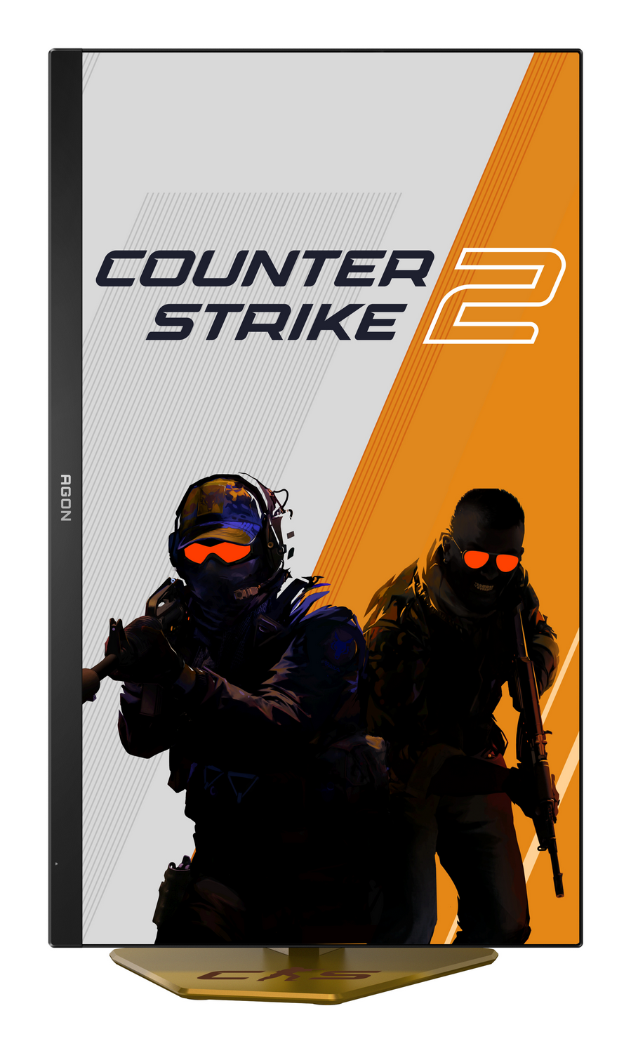 Dos soldados con gafas naranjas brillantes sostienen rifles. Logo Counter-Strike 2.