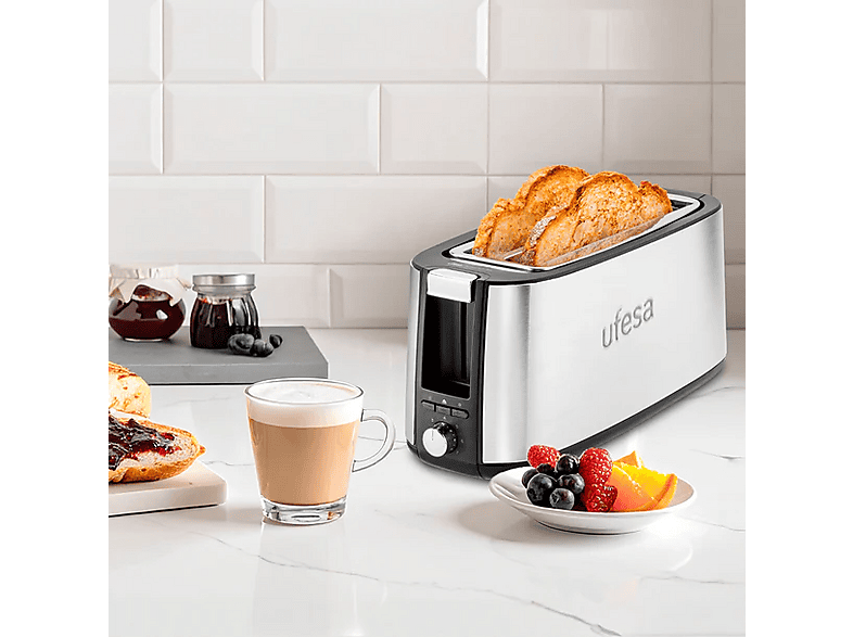 Tostadora - Ufesa Toastie Duo Plus, 1400 W, 2 ranuras, rebanadas, 7 niveles potencia, Plata