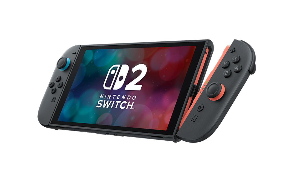 Ein Nintendo Switch mit orangefarbenen Joy-Cons, auf dem ein Spiel mit dem Logo "02" angezeigt wird.