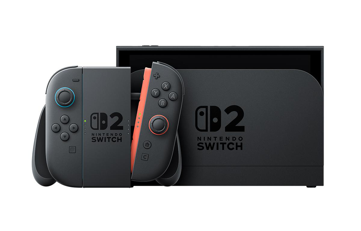 Nintendo Switch Konsole mit Joy-Cons. Links ein grauer, rechts ein orangefarbener Joy-Con.