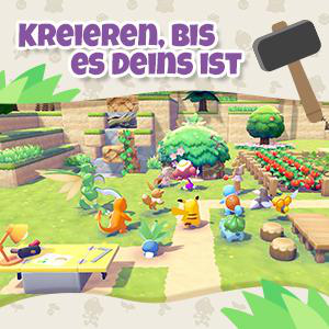 Pokemon-Figuren auf einer grünen Wiese mit Gemüsebeeten und einem Werkzeugtisch.