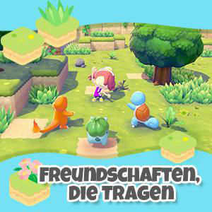 Charmander, Bulbasaur und Squirtle stehen mit einem Mädchen im Freien.