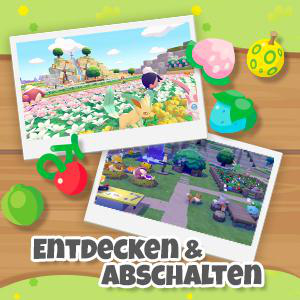 Zwei Spielszenen mit niedlichen Kreaturen und Pflanzen, umgeben von bunten Fruchtsymbolen.