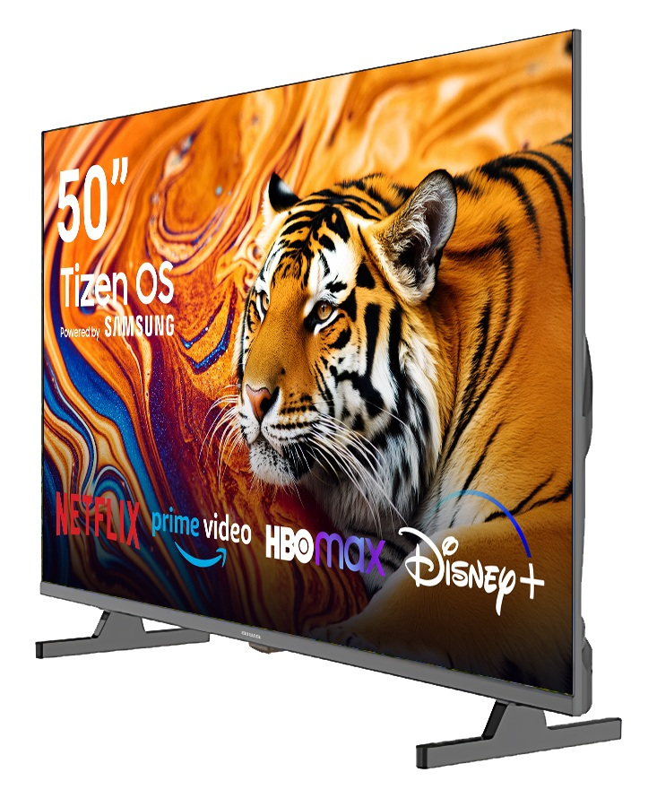 Telewizor Samsung 50" z Tizen OS wyświetla tygrysa i loga serwisów streamingowych.