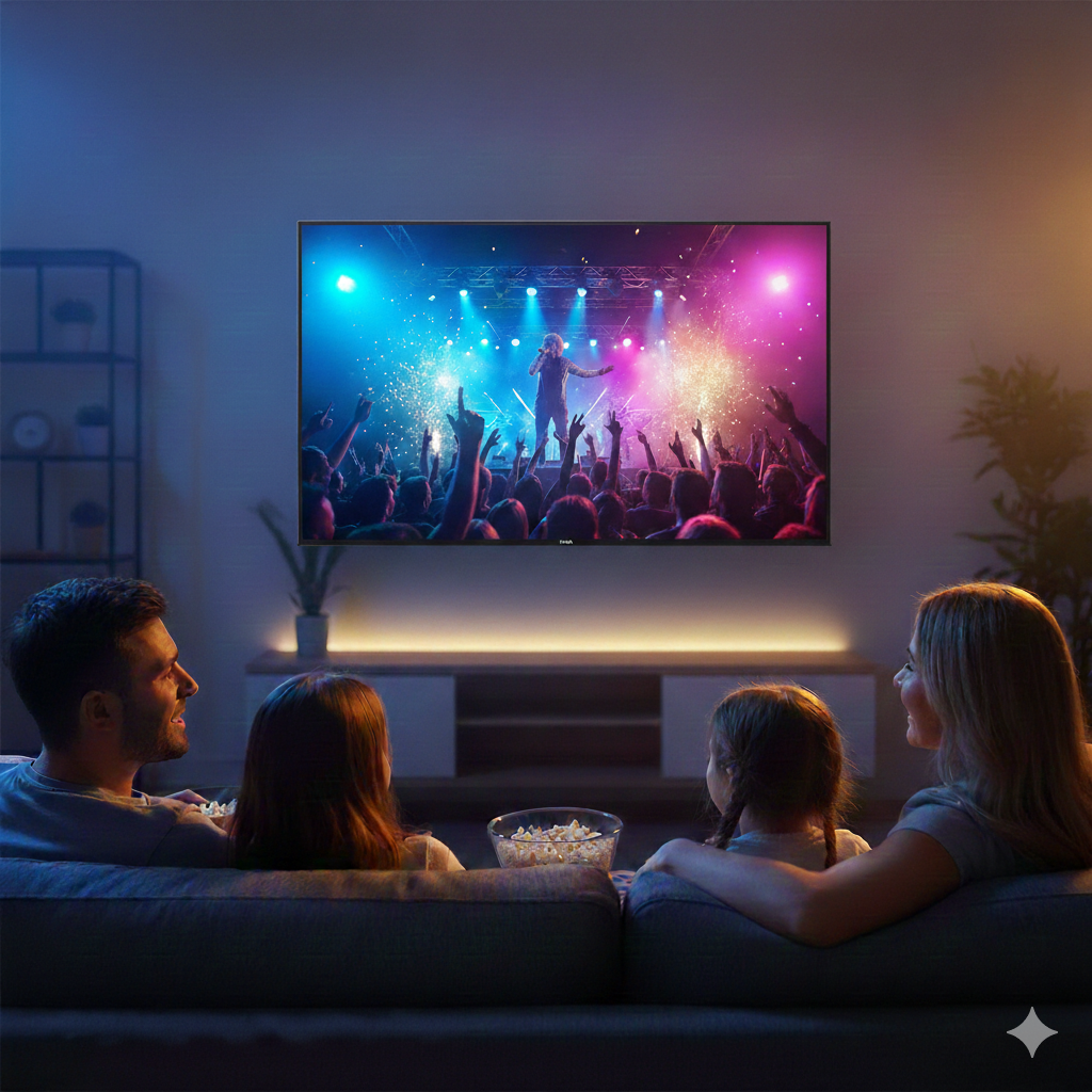 Rodzina ogląda koncert w TV z fajerwerkami.