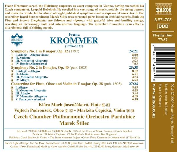 CD-Rückseite: Komponist Franz Krommer, Werkverzeichnis, Spielzeit 77:37, Naxos-Logo.
