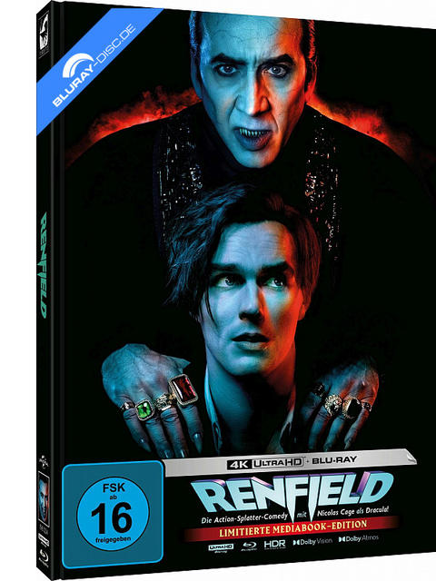 Renfield Blu-ray Cover mit Nicolas Cage als Dracula und Nicholas Hoult.