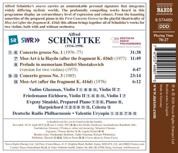 CD-Cover mit Alfred Schnittke, Werkliste, Künstler und Naxos-Logo.