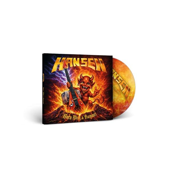 Ein Comic-Teufel spielt Gitarre auf einem CD-Cover mit dem Titel "Born With a Hammer".