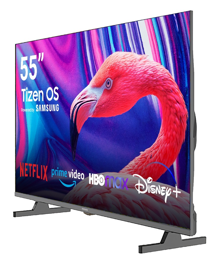 Telewizor 55 cali z Tizen OS, wyświetla flaminga na abstrakcyjnym tle.