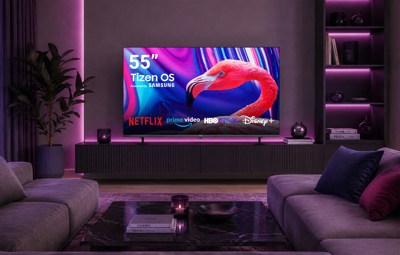 Telewizor Samsung 55 cali wyświetla flaminga na żywym ekranie z logo serwisów.