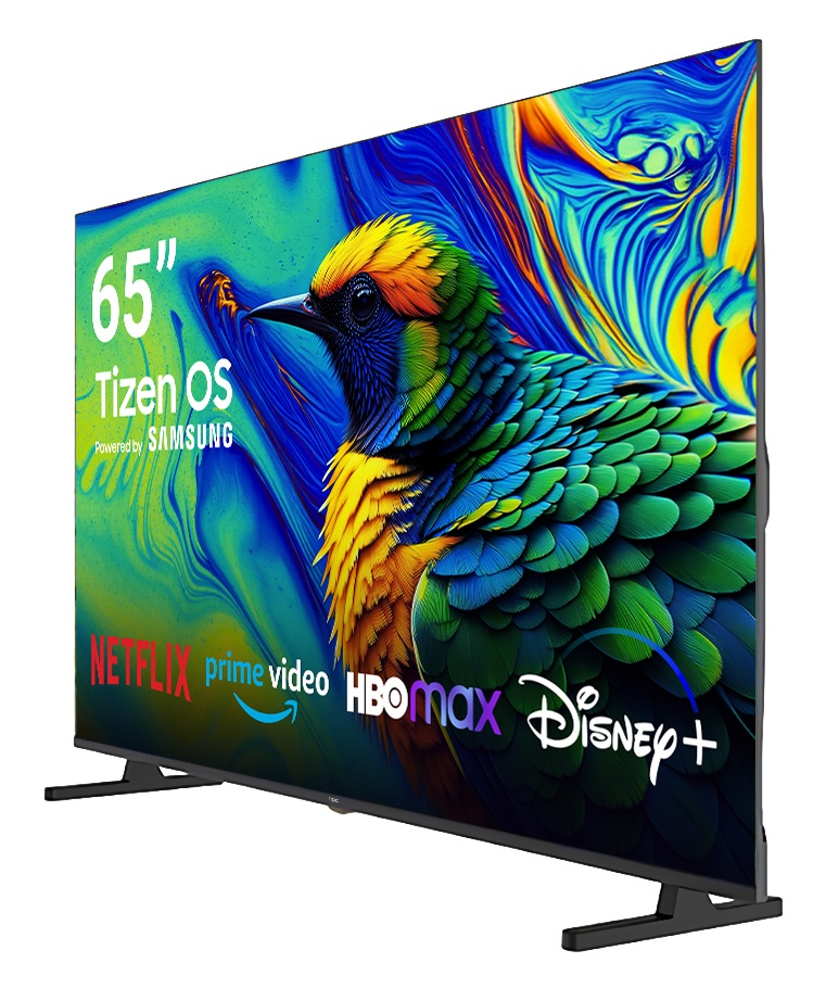 Telewizor 65 cali z Tizen OS wyświetla żywy obraz ptaka i loga aplikacji.