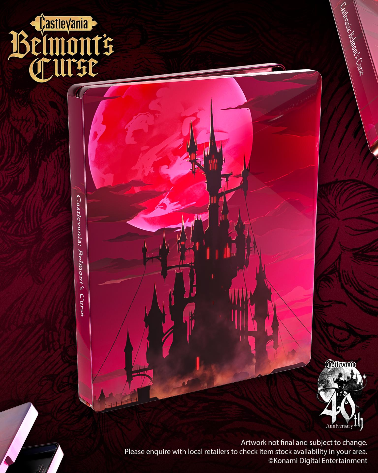 Ein Buchcover mit einer Burg und einem roten Mond, Titel 'Castlevania: Belmont's Curse'.