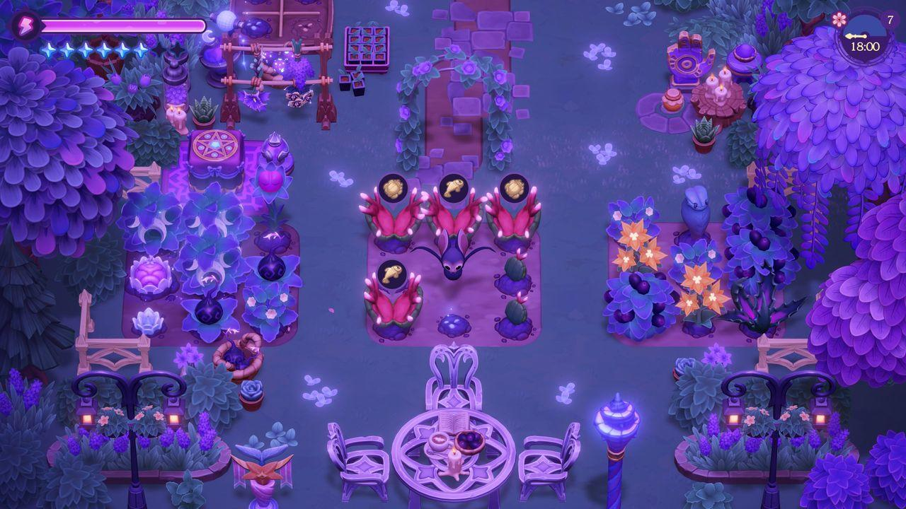 Ein magischer Garten bei Nacht mit violetten Pflanzen und Lichtern.