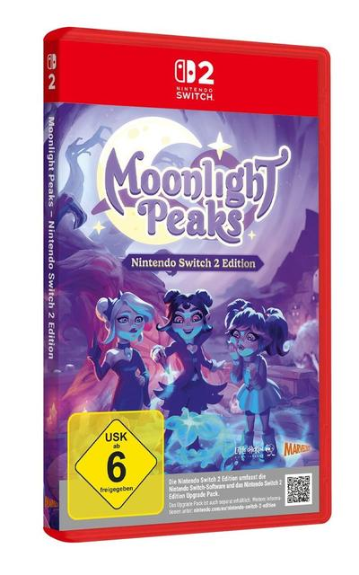 Nintendo Switch Spielhülle mit drei Comicfiguren vor einem Mond und lila Hintergrund.