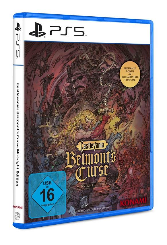 PS5 Spiel "Castlevania: Belmont's Curse Midnight Edition" mit düsterem Artwork und USK 16 Siegel.