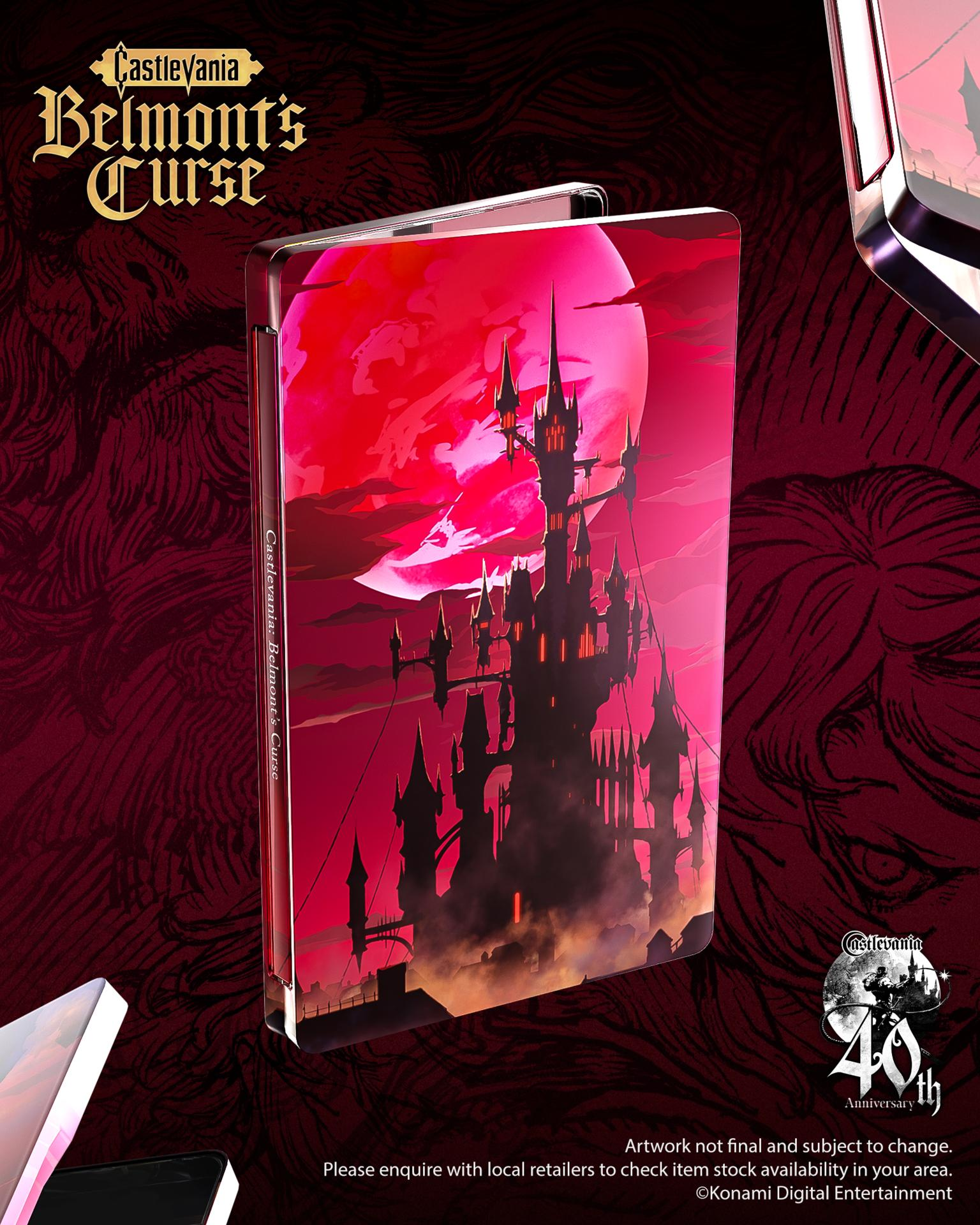Ein dunkler Schlossturm unter einem blutroten Mond, mit dem Titel 'Castlevania: Belmont's Curse'.