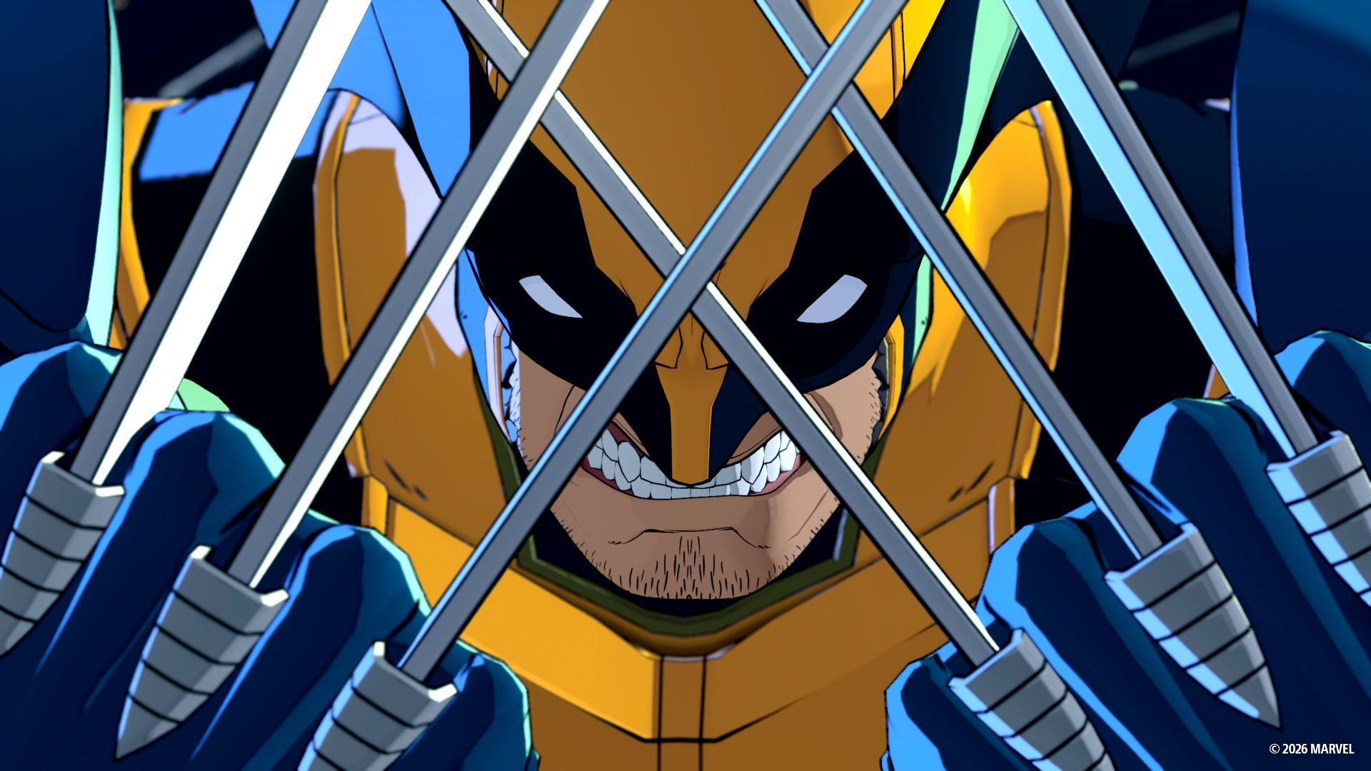 Wolverine mit seinen Klauen aus den Augen, in gelbem und blauem Anzug.