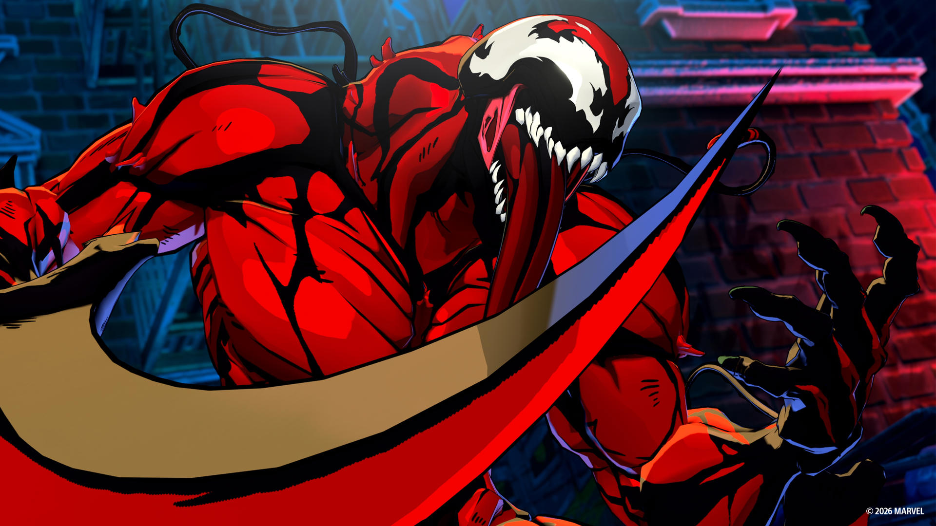 Carnage, eine rote Figur mit schwarzen Akzenten, mit geöffnetem Mund und Zunge.
