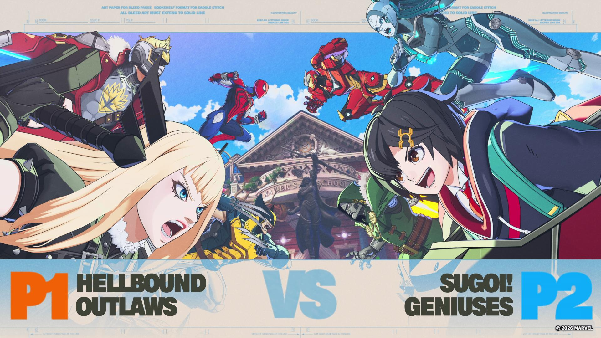 Comic-Stil: Helden kämpfen vor Xavier's School. P1 Hellbound Outlaws vs P2 Sugoi! Geniuses.