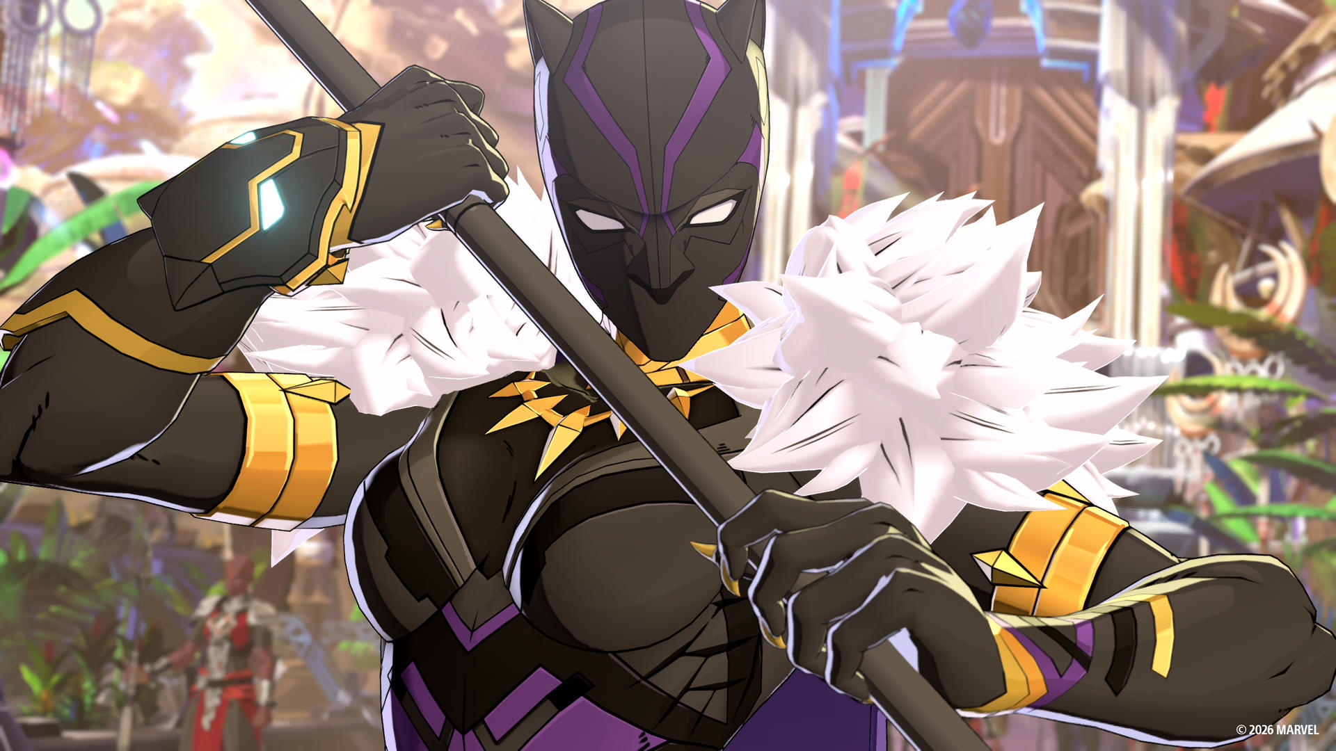 Black Panther mit Fellkragen und Stab, trägt lila-goldene Rüstung.