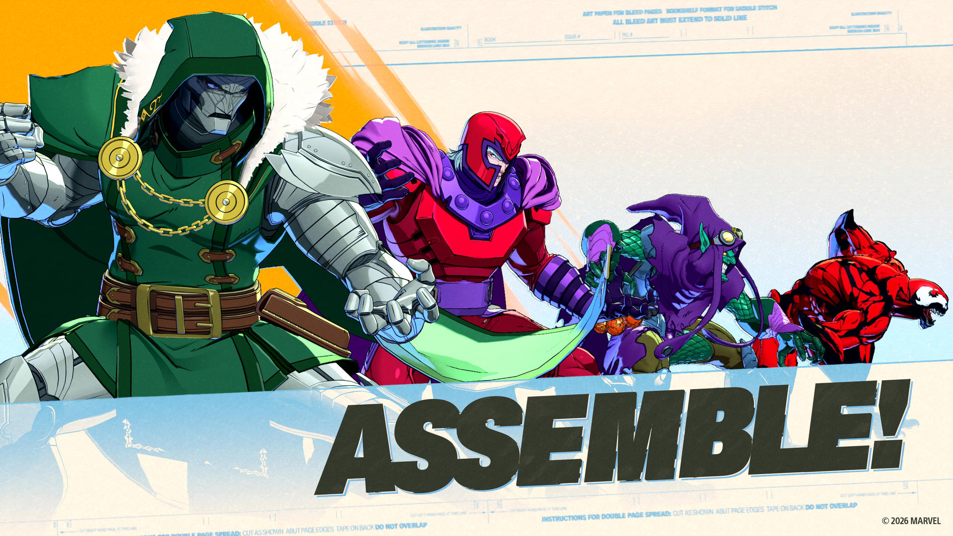 Dr. Doom, Magneto, Green Goblin und Carnage stehen zusammen mit dem Wort ASSEMBLE!