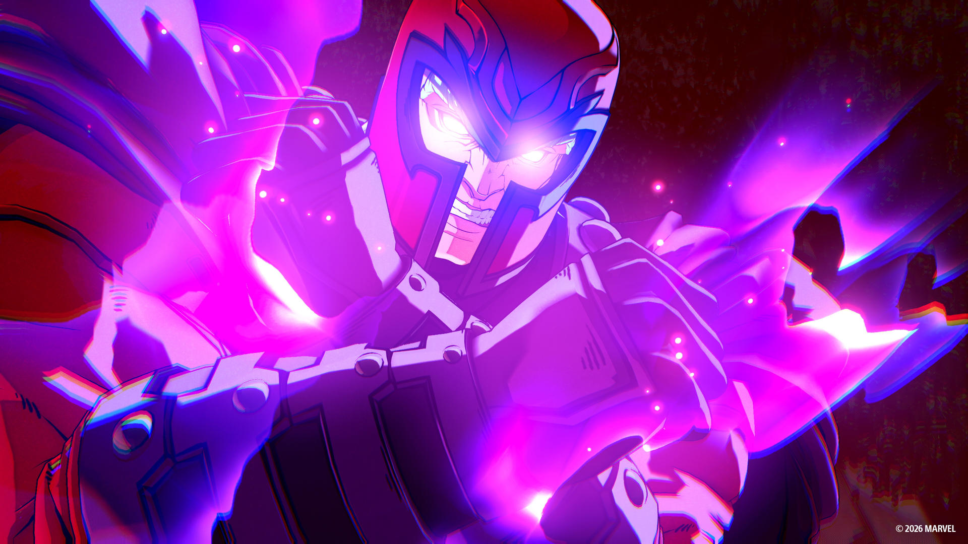 Magneto mit leuchtenden Augen und Helm führt lila Energie.