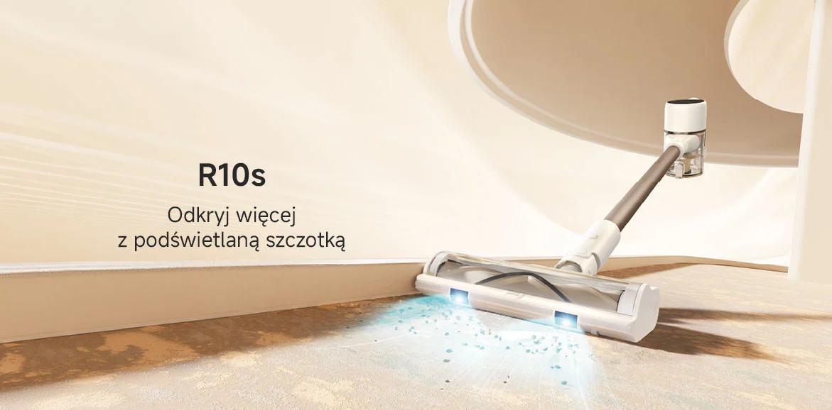 Biały odkurzacz bezprzewodowy z podświetlaną szczotką czyści podłogę.