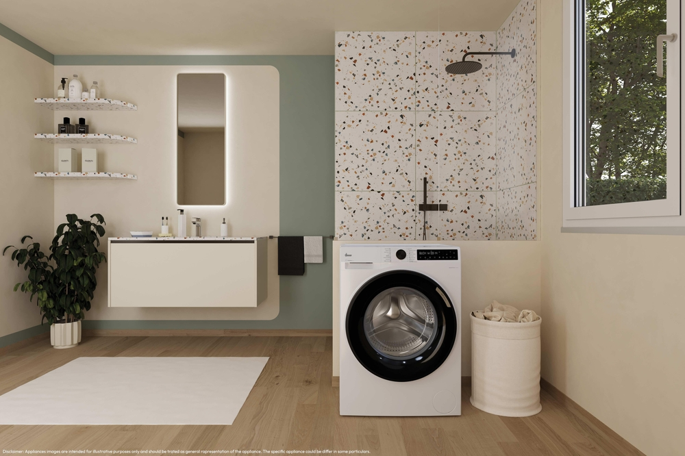 Çamaşır makinesi, lavabo, ayna, raflar, bitki ve duşlu modern banyo.