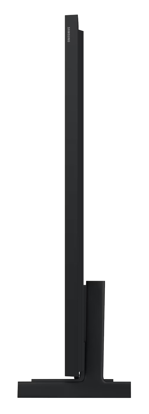 Czarny telewizor Samsung w profilu z podstawą.