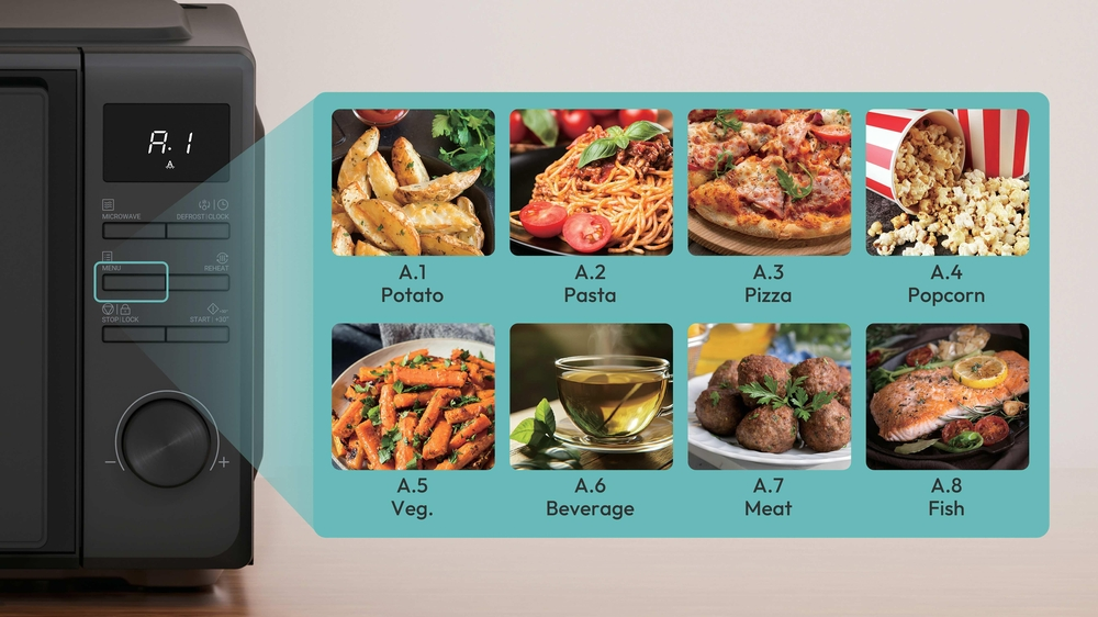 Modern mikrodalga fırın menü seçeneklerini gösterir: Patates, Makarna, Pizza, Mısır, Sebze, İçecek, Et, Balık.