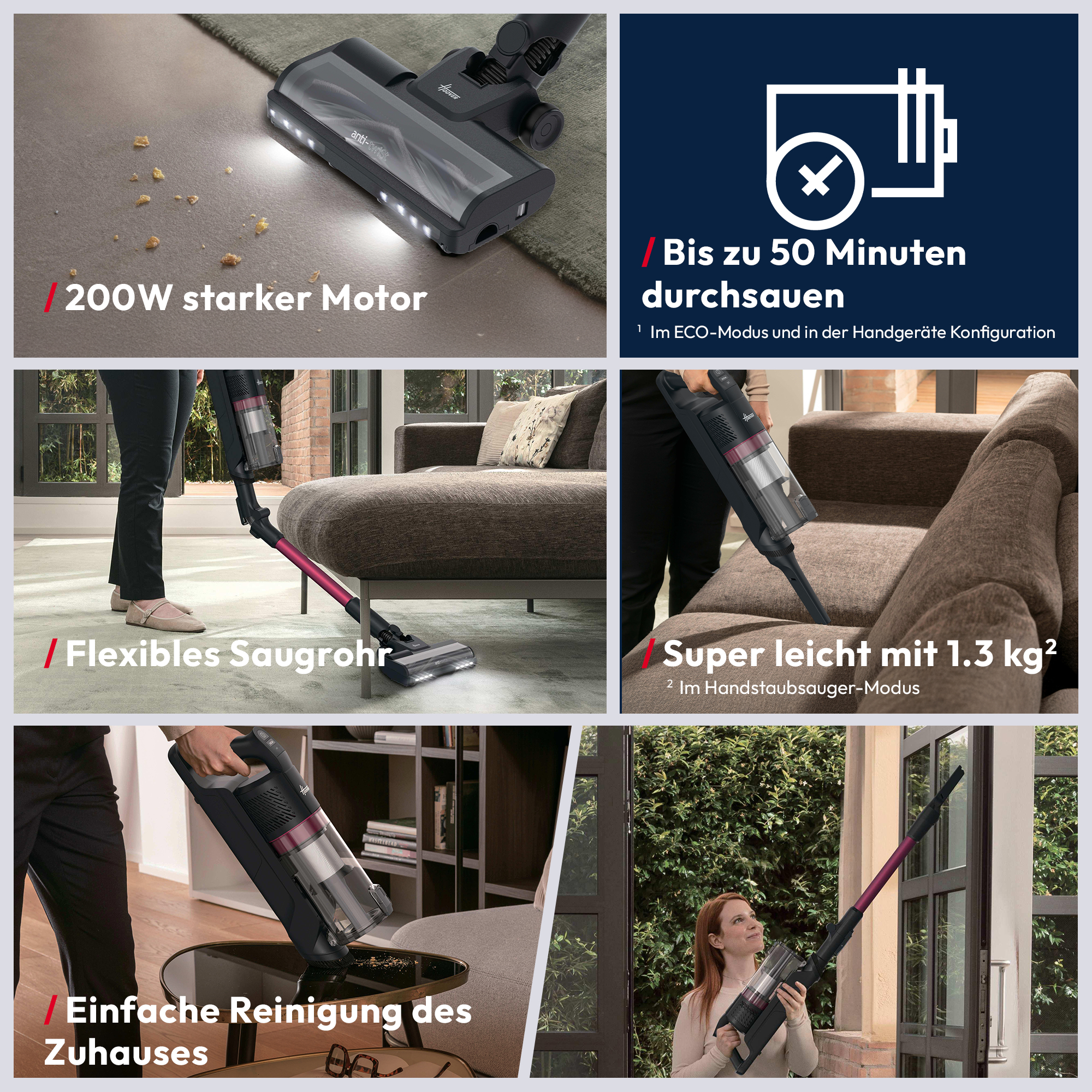 Bilder zeigen einen Hoover Akkusauger mit 200W starkem Motor, 50 Min. Laufzeit, flexiblem Saugrohr.