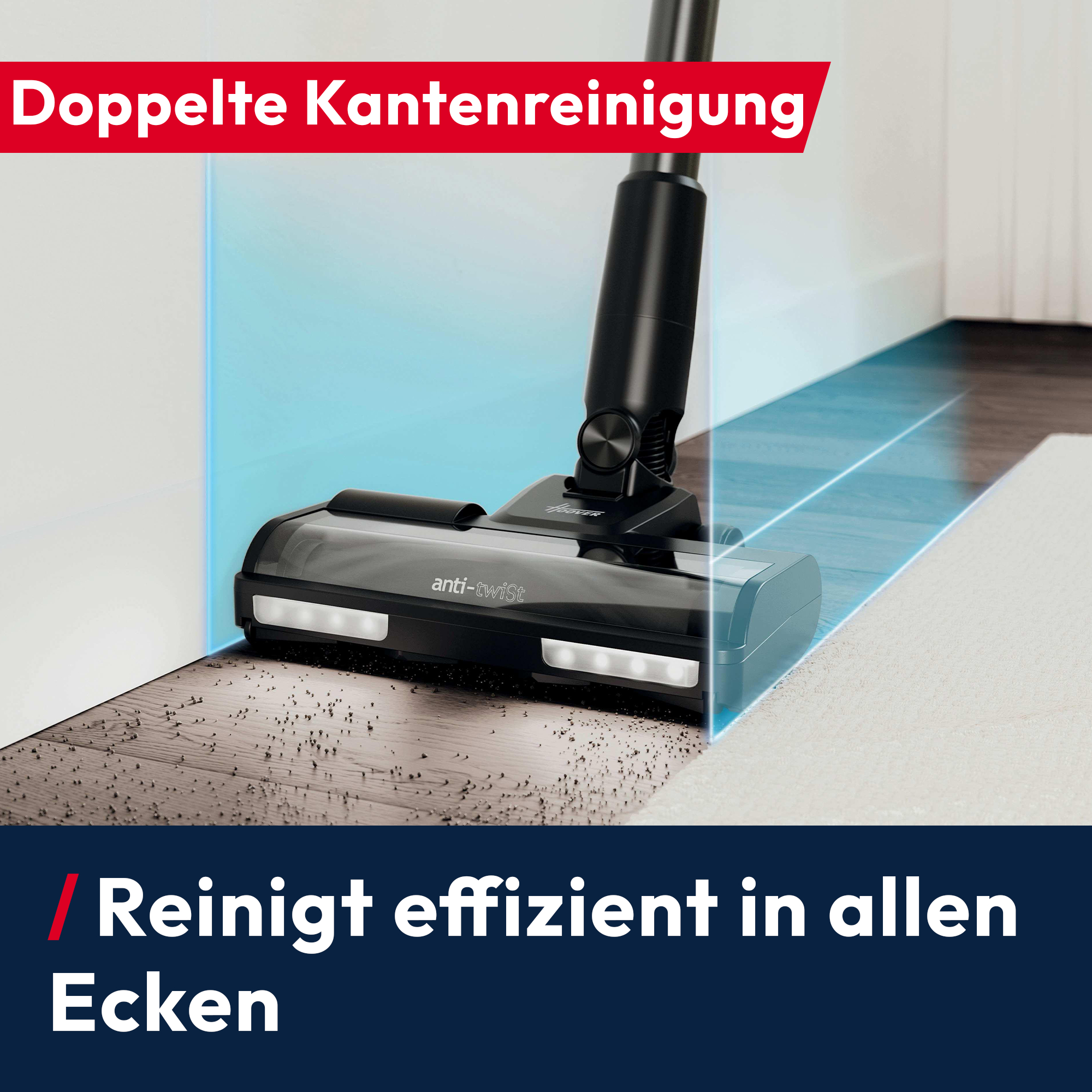 Bodenreiniger reinigt Ecken effizient, mit blauen Lichteffekten.
