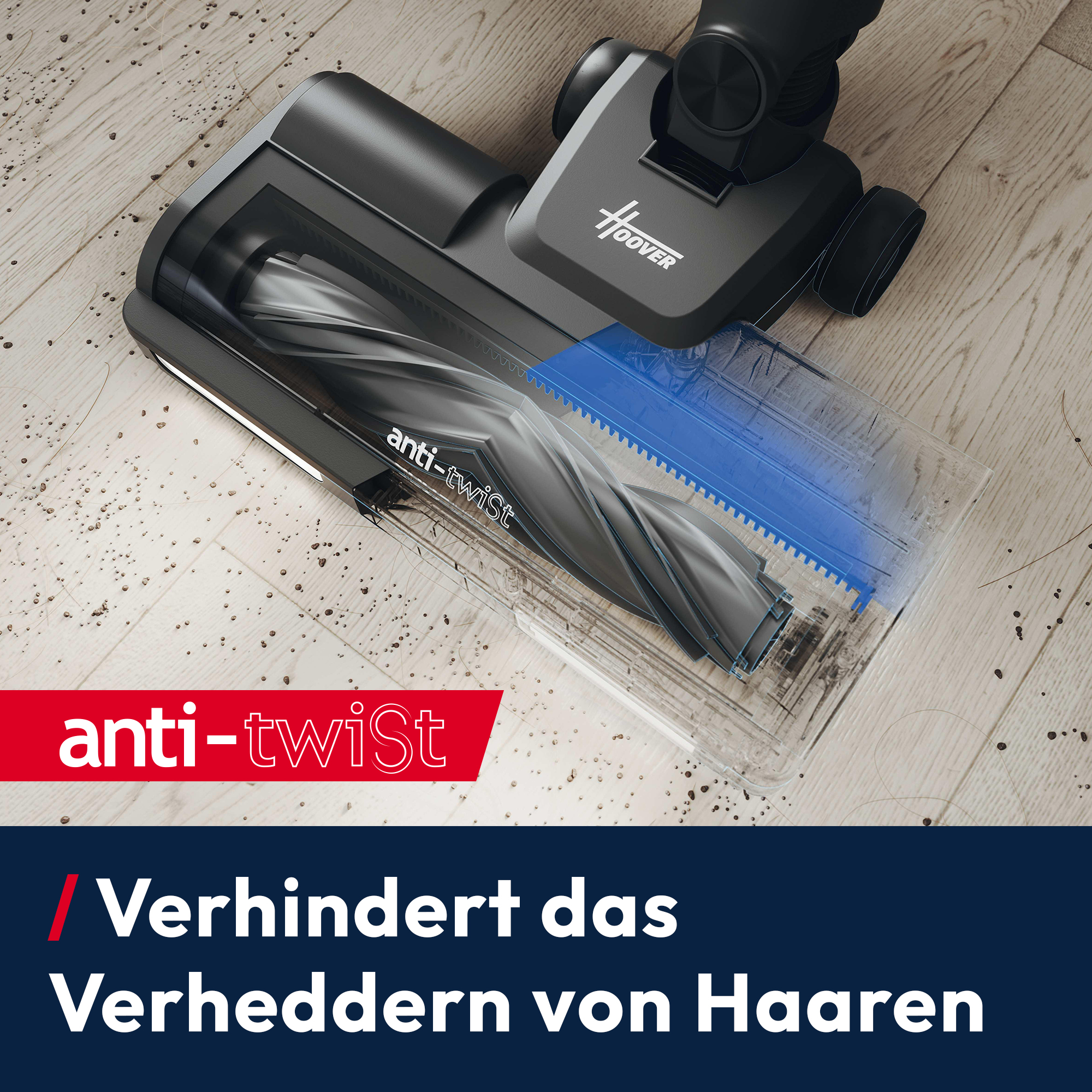 Ein Hoover Staubsaugerkopf mit "anti-twist" Bürste auf Holzboden.