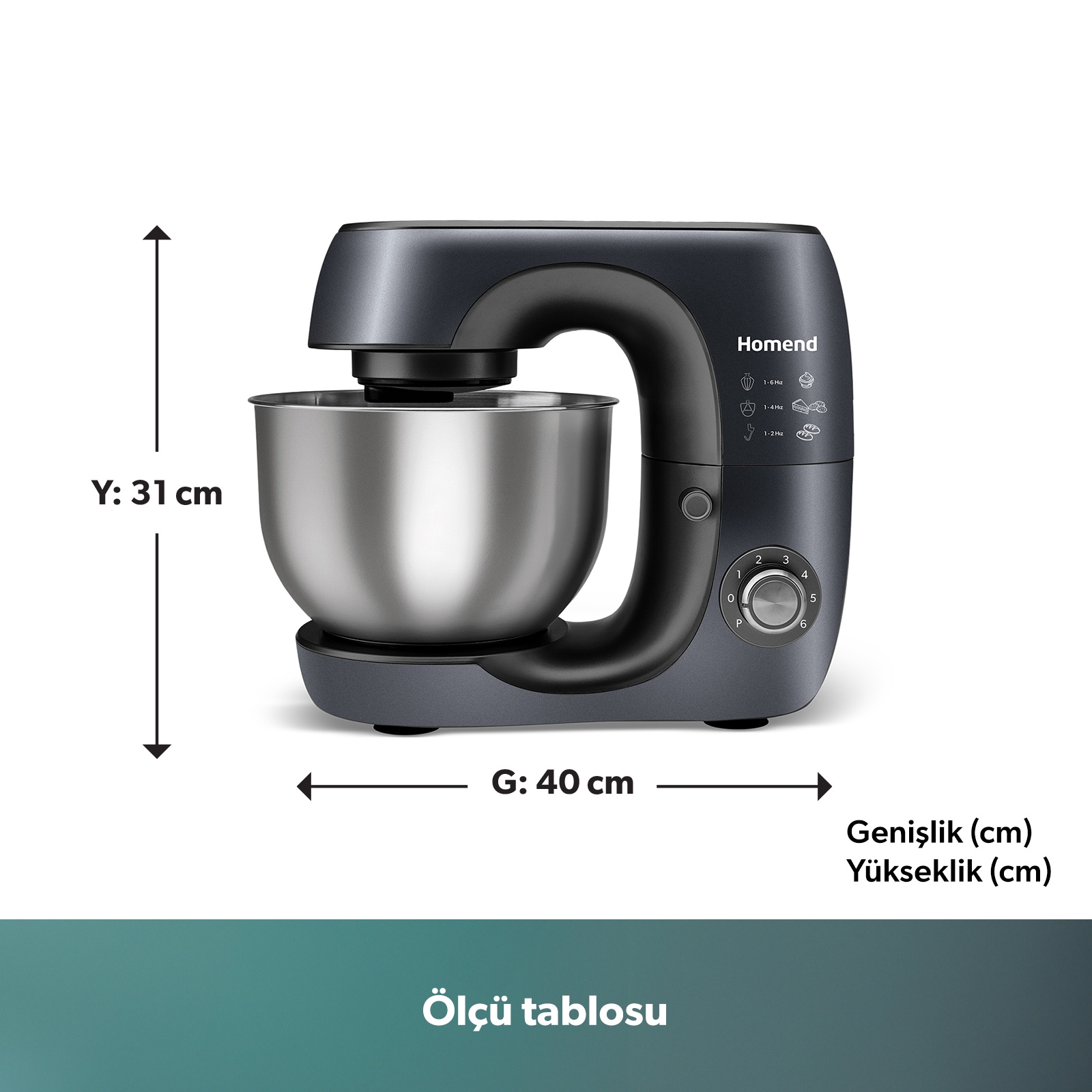 Paslanmaz çelik hazneye sahip koyu gri stand mikser, Y: 31 cm, G: 40 cm.