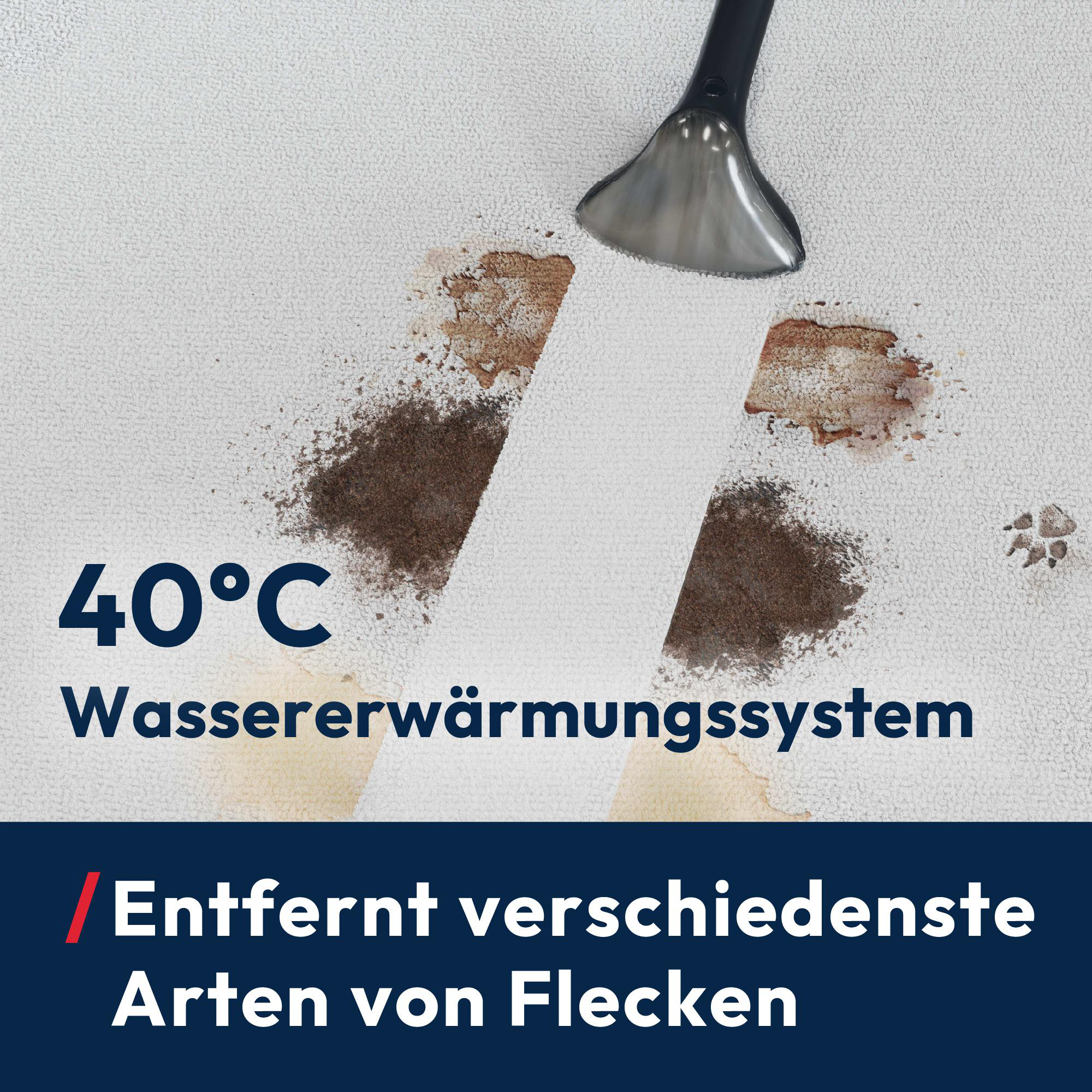 Staubsaugeraufsatz über Flecken auf Teppich, mit Text '40°C Wassererwärmungssystem'.