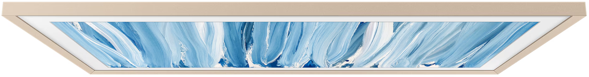 Ein Bild mit blauen und weißen Pinselstrichen, gerahmt in Beige.